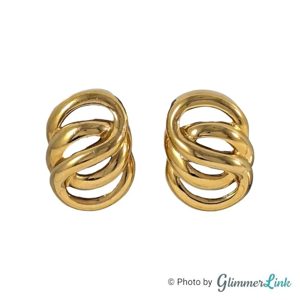 Vintage Napier Chunky Interconnected Swirl Gold Tone Clip On Earrings